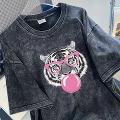 ヨーロッパとアメリカのタイガーバブルガム柄プリント外国貿易半袖Tシャツレディース大きいサイズゆったりオーバーサイズウォッシュブラック