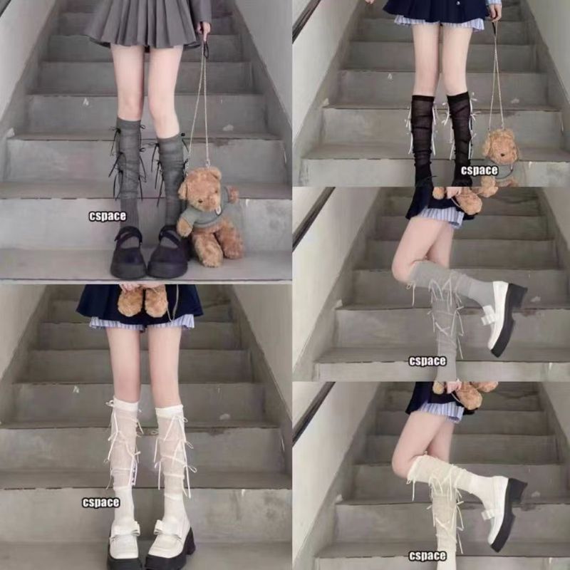 バレエ風ソックス、蝶結び付き、女性用膝上通気性ソックス、甘い春夏カレッジスタイルJKカーフパイルソックス|undefined