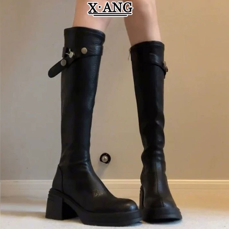 Genuine leather, 7cm thick sole, height-increasing, black knee-high boots for women, with a chunky heel, slimming effect, and a side zipper, resembling riding boots Genuine leather, 7cm thick sole, height-increasing, black knee-high boots for women, with a chunky heel, slimming effect, and a side zipper, resembling riding boots