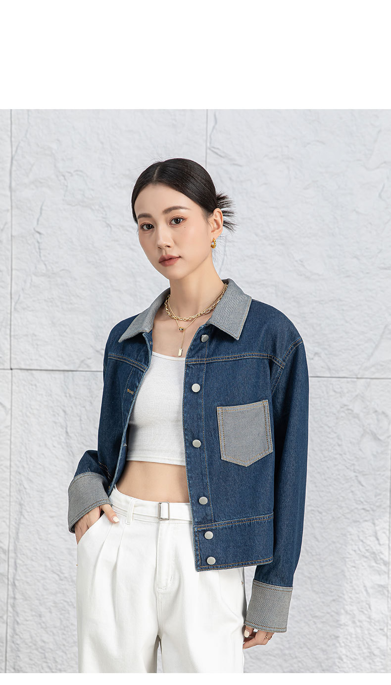 Áo khoác denim nữ dáng ngắn cổ bẻ, phong cách Hàn Quốc — Xanh lam hoài cổ chi tiết 18