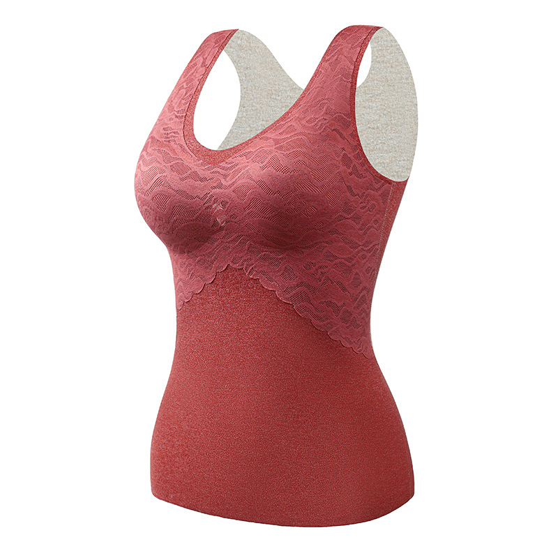 Ropa interior térmica de seda autocalentadora de terciopelo sin costuras para mujeres con almohadilla en el pecho engrosada chaleco térmico de terciopelo de encaje interior