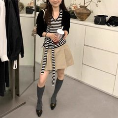 韩系条纹绑带收腰抹胸背心长袖开衫披肩两件套女2025早秋新款上衣