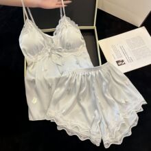 女夏季睡衣带胸垫吊带短裤冰丝绸性感纯欲印花蝴蝶凉爽家居服套装