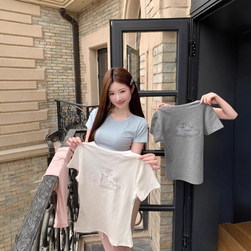 Kitty Hollow-out Embroidered Shoulder Short-sleeved T-shirt Women's Summer Design Sense Niche Waisted Short Hot Girl Top