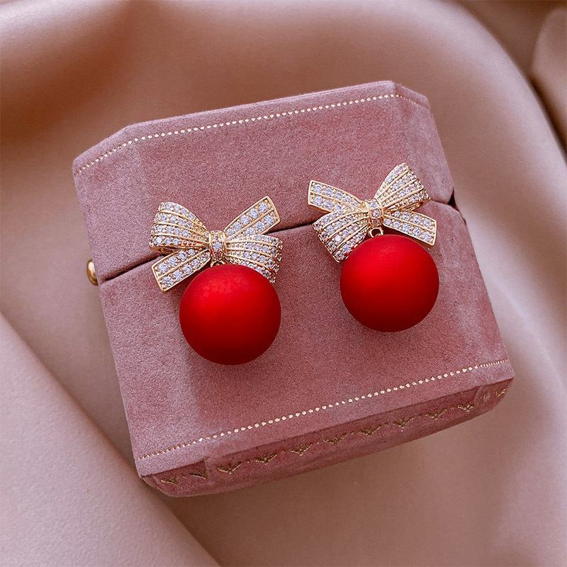 Fashionable Bow Shaped Round Bead Earrings With Diamond Stud Earrings Christmas Women Fashion Earrings_voghion.com