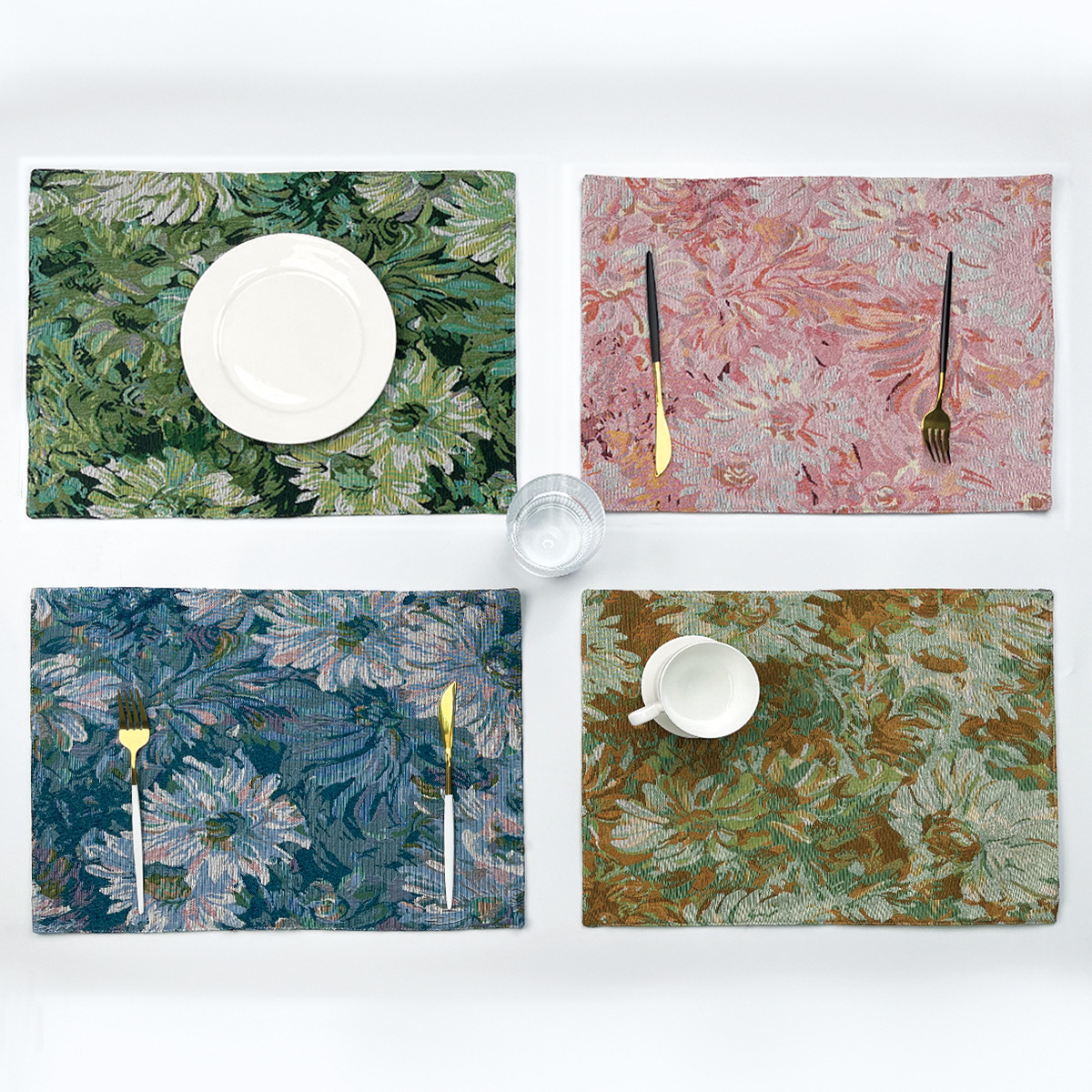 Nuevo jacquard pintura al óleo placemat Monet crisantemo vintage occidental placemat estera de aislamiento térmico anti-scald Hotel posavasos estera de mesa