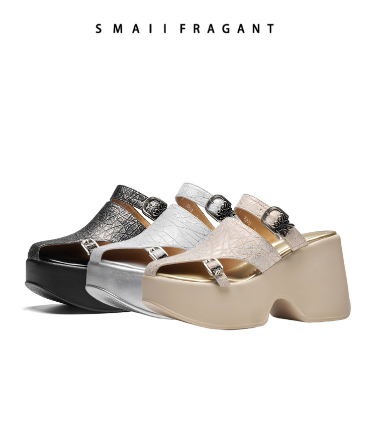 Sandal cao gót nữ đế xuồng platform 10 cm, mũi kín, quai ngang, dáng điệu nhẹ nhàng — màu đen, Vàng nhạt, bạc chi tiết 11