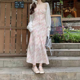 韩系蕾丝花边粉色碎花吊带连衣裙女春季法式温柔纯欲海边度假长裙