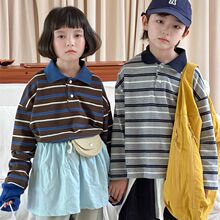 儿童韩系复古拼色字母上衣男女童条纹polo领长袖日系学院风长袖衫