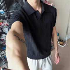 オールドマネースタイルカモメ襟ポロシャツ半袖メンズ夏ハイエンドカフスTシャツアイスシルクニットセーター半袖
