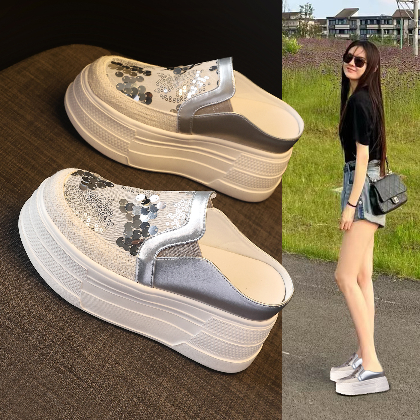 Giày sneaker nữ đế dày tăng chiều cao, kiểu lười một chân, mũi trùm, phối sequin, mùa hè 2026 — màu vàng, bạc