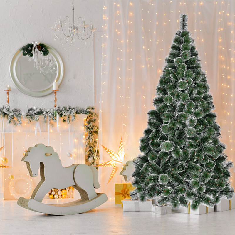 Direct Sales from the Source Factory, Green Pine Needle Christmas Tree with Rolling White Finish, Dense and Realistic, for Mall Display and Decoration, Available in Multiple Sizes