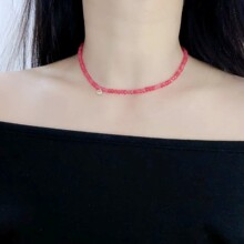 玫红色串珠小众设计项链新款镶锆锁骨链潮彩色天然石颈链女