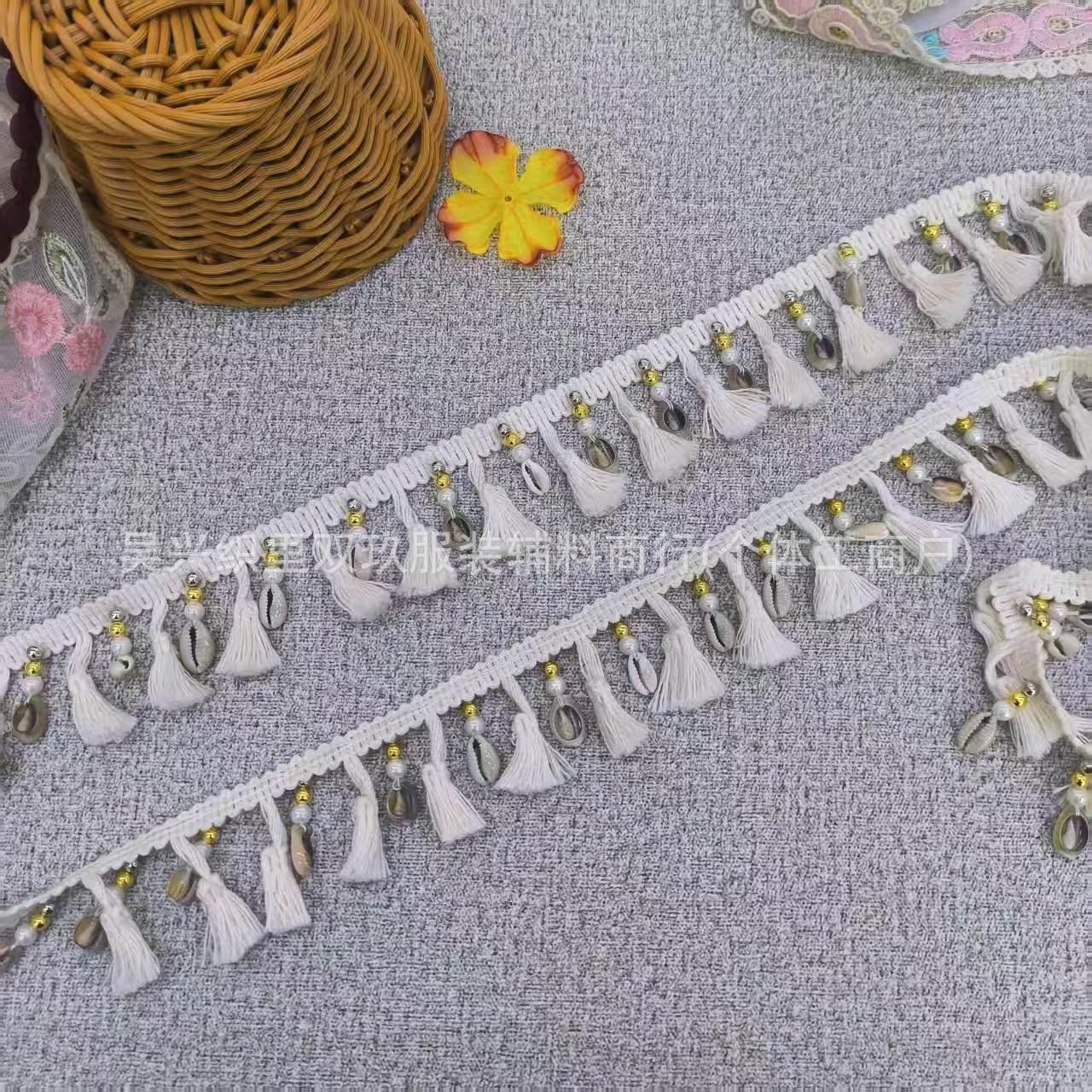 4厘米宽棉流苏加珍珠贝壳吊坠裙摆草帽包服装辅料装饰工艺品花边
