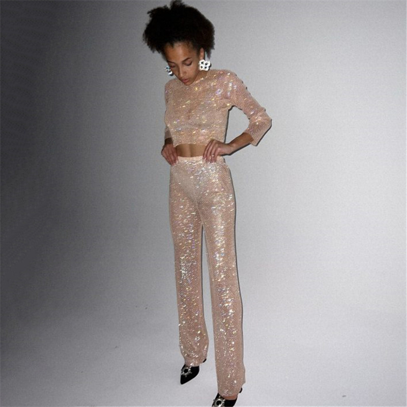 Cross-border European and American 2023 New Women's Clothing Shiny Cut Out Bright Diamond Mesh Pants Fluorescent Wide Leg Straight Fashion Sexy Rhinestones