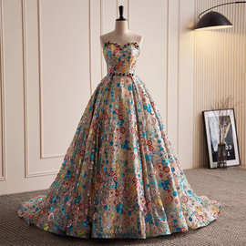 新亮片贴花晚礼服无肩带无袖蕾丝褶皱地板长度a线加码女士派对礼