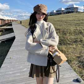 韩系温柔风双面毛呢外套女2025款小个子短款宽松显瘦保暖羊绒大衣