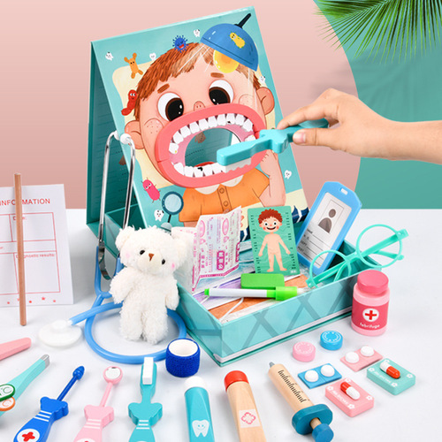 Cross-border wooden doctor toy set for girls and boys, simulated play house, stethoscope, syringe, injection, dentist set