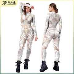 新品跨境歐美女裝速賣通熱銷數碼印花時尚舞台緊身衣女式連體服