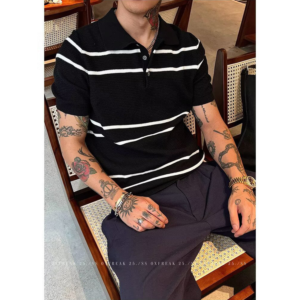 Camisas de polo de manga corta de estilo antiguo, camisetas de punto de hombre, camisetas de negocios de verano a rayas, fábrica al por mayor.