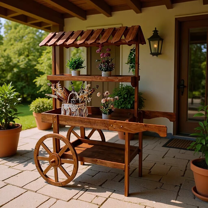 Large Solid Wood Float Flower Rack Storage Rack Flower Shop Decoration Villa Display Indoor and Outdoor Mobile Cart Pastoral