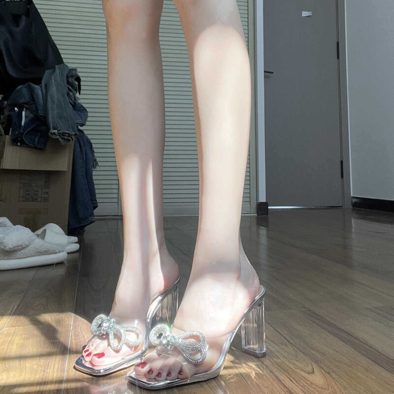 Crazy Star Cluster Burning~Crystal Heel Strap Transparent Bow Rhinestone Genuine Leather High Heel Sandals Women's Slippers