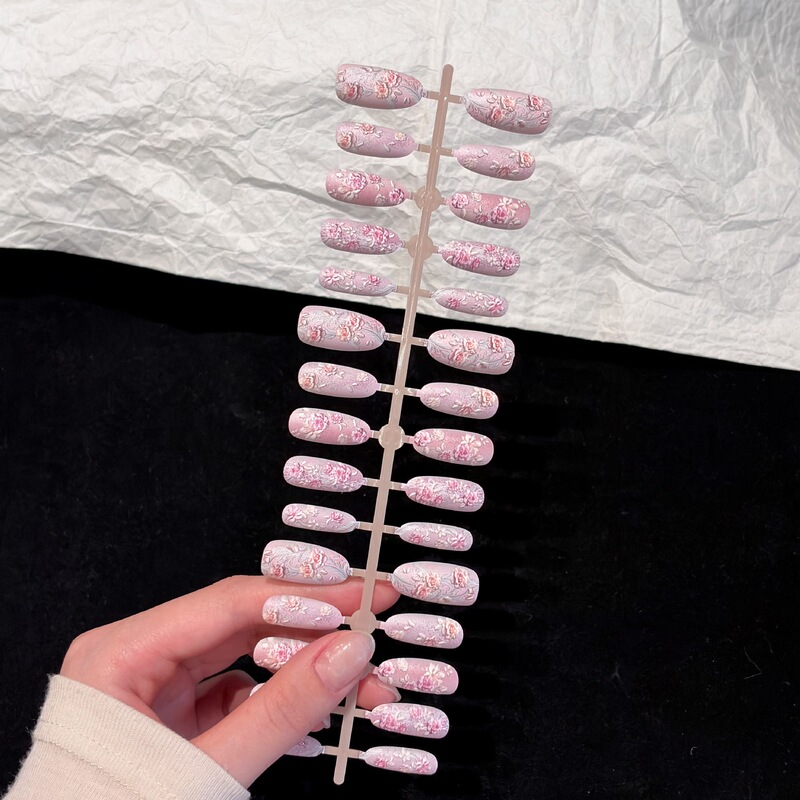 Rose Vintage Oil Painting Press-On Nails Glass Bead Cat Eye Manicure Pre-made Press-On Nails Wholesale