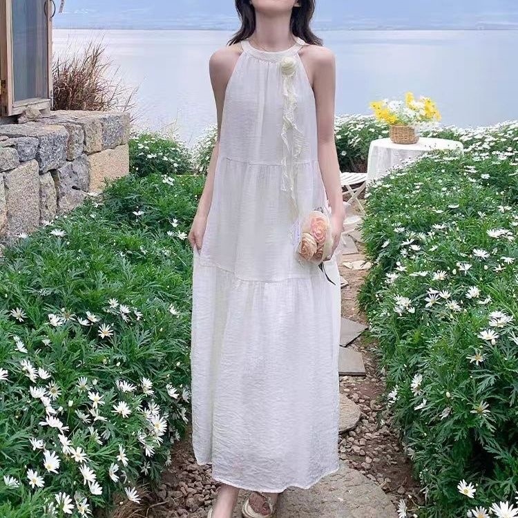 Đầm maxi nữ thắt eo phong cách Pháp hoa nhẹ nhàng không tay dáng dài mùa hè — màu xanh nhạt, màu trắng, Vàng nhạt, màu mơ chi tiết 5