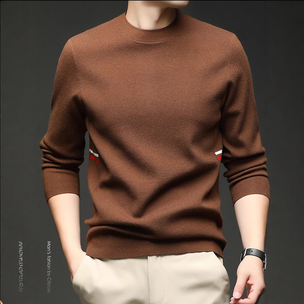 Otoño y invierno chaqueta de hombre de punto de color sólido de manga larga de cuello medio alto suéter casual camiseta base con suéter cálido