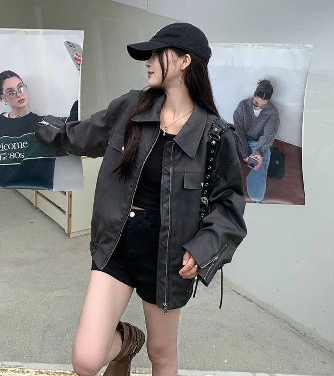 美式复古咖色机车pu皮夹克女早秋季宽松高级感超好看皮衣开衫外套|undefined