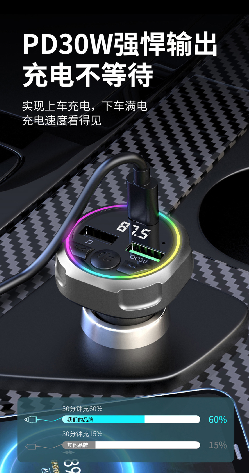 New cross-border hot-selling car bluetooth charger speaker device player transmitter snap-on super fast charging