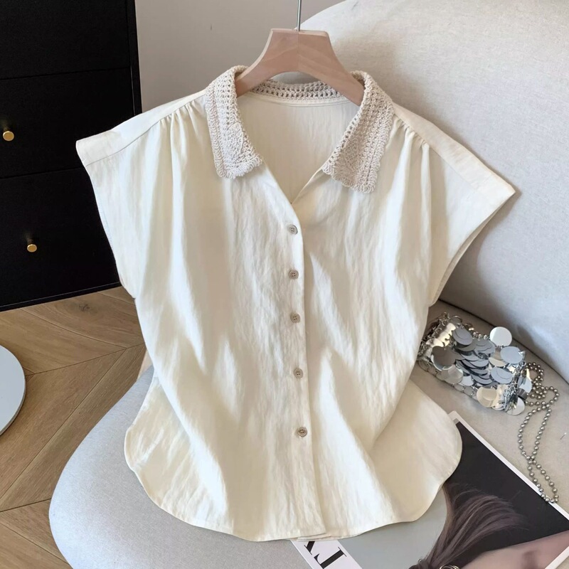 French-Style Lace Patchwork Lapel Shirt for Women, Summer 2026 New Model, Stylish and Slimming Short-Sleeve Top