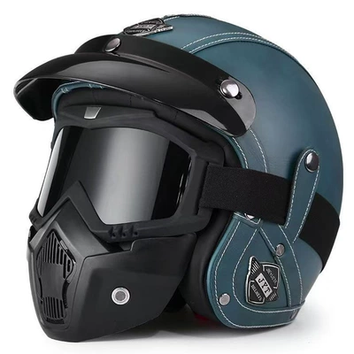 Riding 3/4 Half Helmet Safety Motorcycle Safety Supplies - 555-leather-helmet-bluemask-s