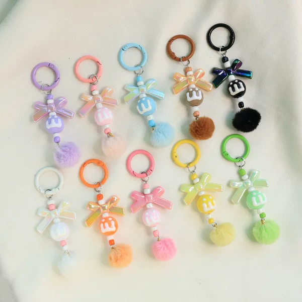 Colorful Pom-Pom Bow Spring Ring Cute Charm Pendant DIY Handmade Material Accessories Blind Box Doll Fan-Made Decoration
