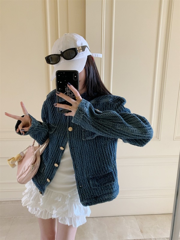 牛仔小香风外套女装秋季宽松小众肌理感立领蓝色夹克百搭气质上衣|undefined