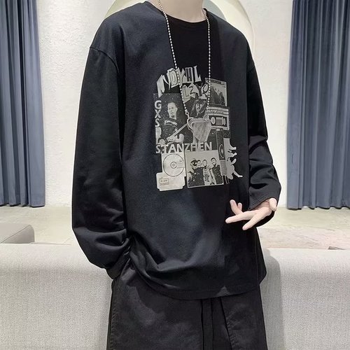 Plus Size Plus Size Fat Man's Long Sleeve T-Shirt Men's American Retro Loose Trendy Hong Kong Style Ins Trendy Versatile Top 