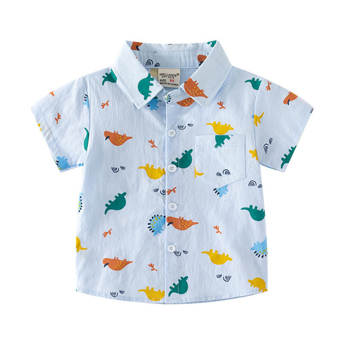 Comfortable casual style cartoon pattern cotton boys' shirt 2023 fashionable moisture-wicking lapel button-down short sleeves