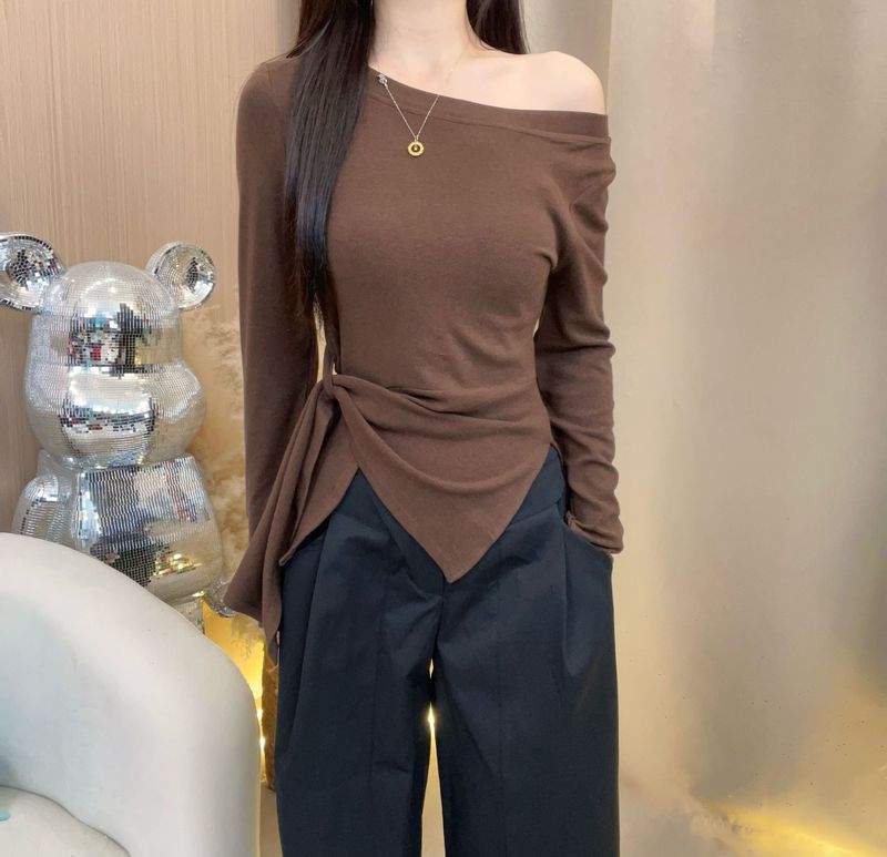韩系条纹不规则开叉斜肩长袖T恤女装早秋季收腰设计感别致上衣潮|undefined