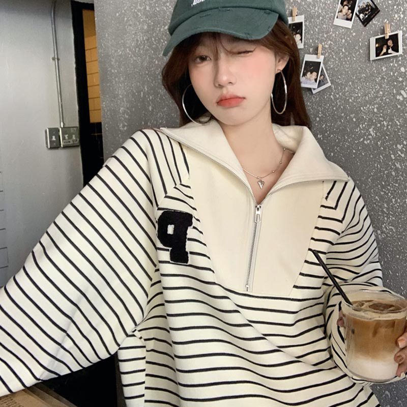 Tops for Women European and American High Street Stripesd Polo Collar Sweatshirt for Women Spring & Fall Loose Harajuku Style Zipper Jacket Tops for Women