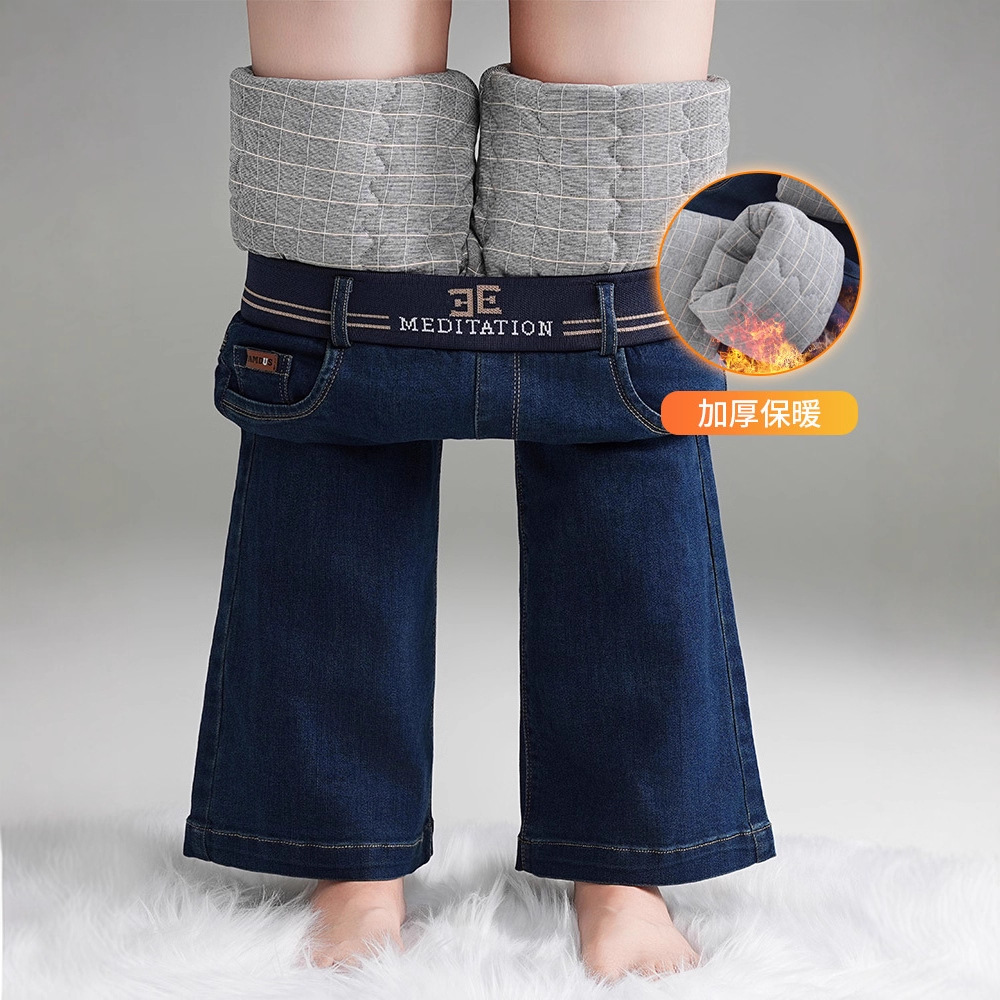 弹力牛仔微喇棉裤女式松紧高腰加厚夹棉休闲喇叭裤2026冬季新款