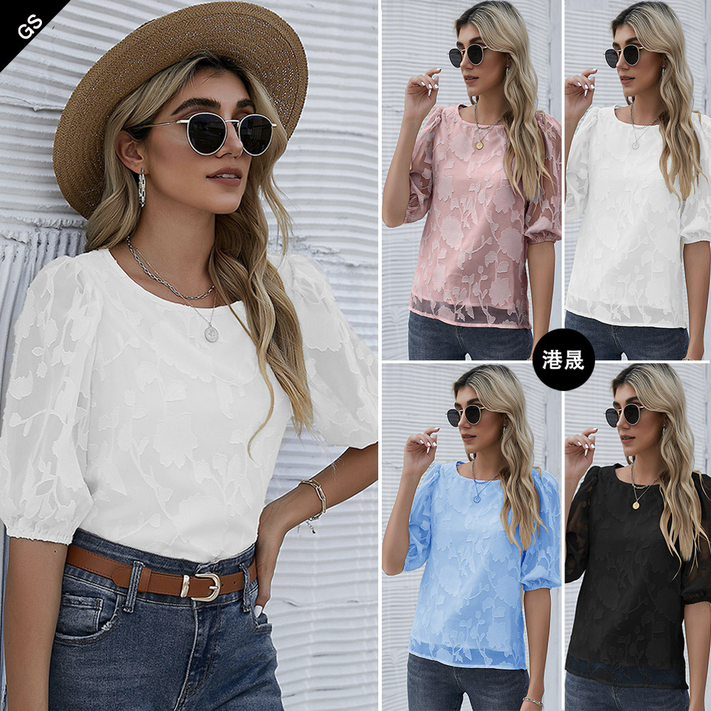 特价欧美跨境夏季新款女士套头雪纺牡丹花泡泡袖宽松气质通勤衬衫
