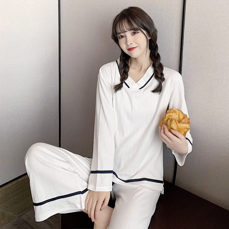 Autumn 2021 New Sweet V-neck Loose Wide Leg Pants Set Korean Style Fresh Student Cotton Home Clothes M-XXL Autumn 2021 New Sweet V-neck Loose Wide Leg Pants Set Korean Style Fresh Student Cotton Home Clothes M-XXL