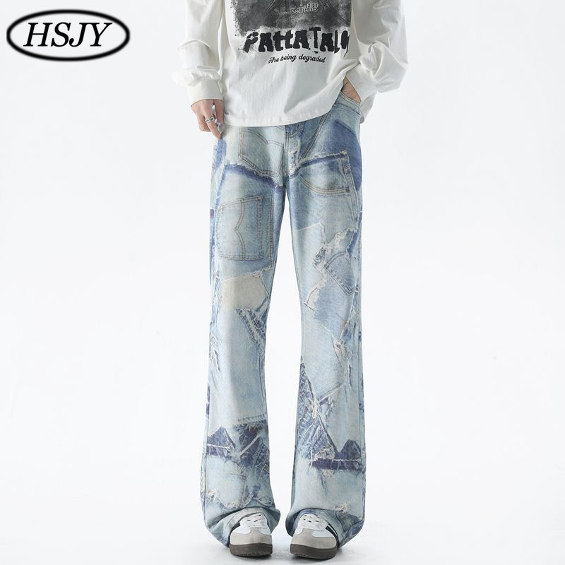High-Waisted Slim Light Blue Spring and Summer New Men's Jeans Personalized American Style Micro-Flared Printed Digital Loose Wide-Leg Pants