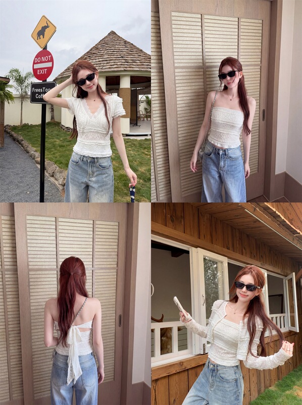 Real Photos, Real Price~ French Lace Elastic Collar Top/Bustier/Cardigan for Women, Spring Sleeveless Regular Style