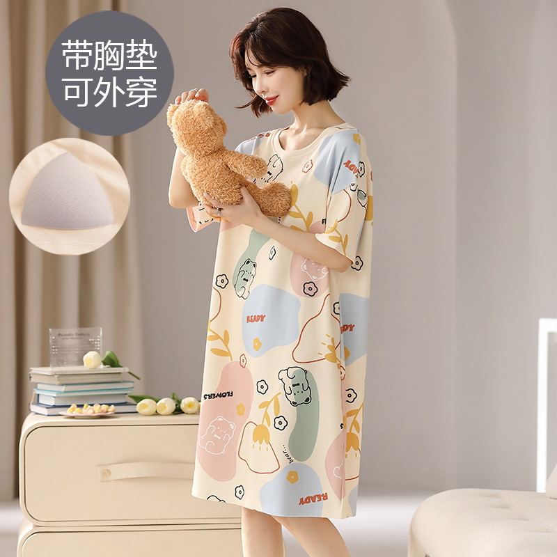 Nuevo camisón de manga corta para mujer, de seda de leche fina de verano con almohadillas en el pecho, ropa de estar, anti-marcas, se puede usar fuera de casa, conjunto transfronterizo.