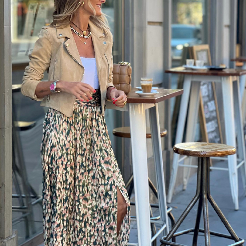 跨境女装麂皮机车夹克外套+印花百褶裙欧美风复古帅气显瘦两件套