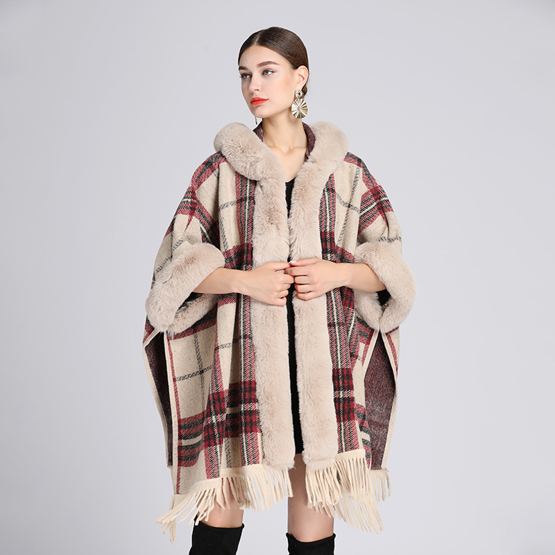 657# European and American autumn and winter New style faux Rex rabbit fur collar hooded shawl Cape Women's woolen coat plus size cardigan