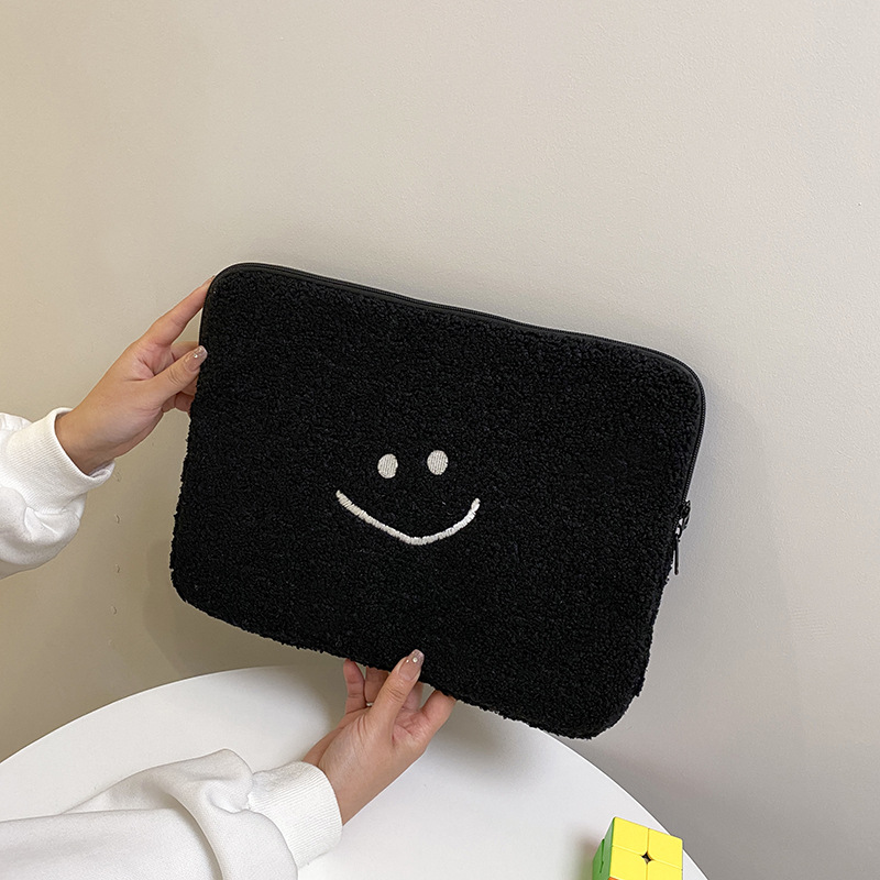 Lamb wool smiley face laptop bag, cute plush inner sleeve, simple anti-drop tablet protective case, storage bag