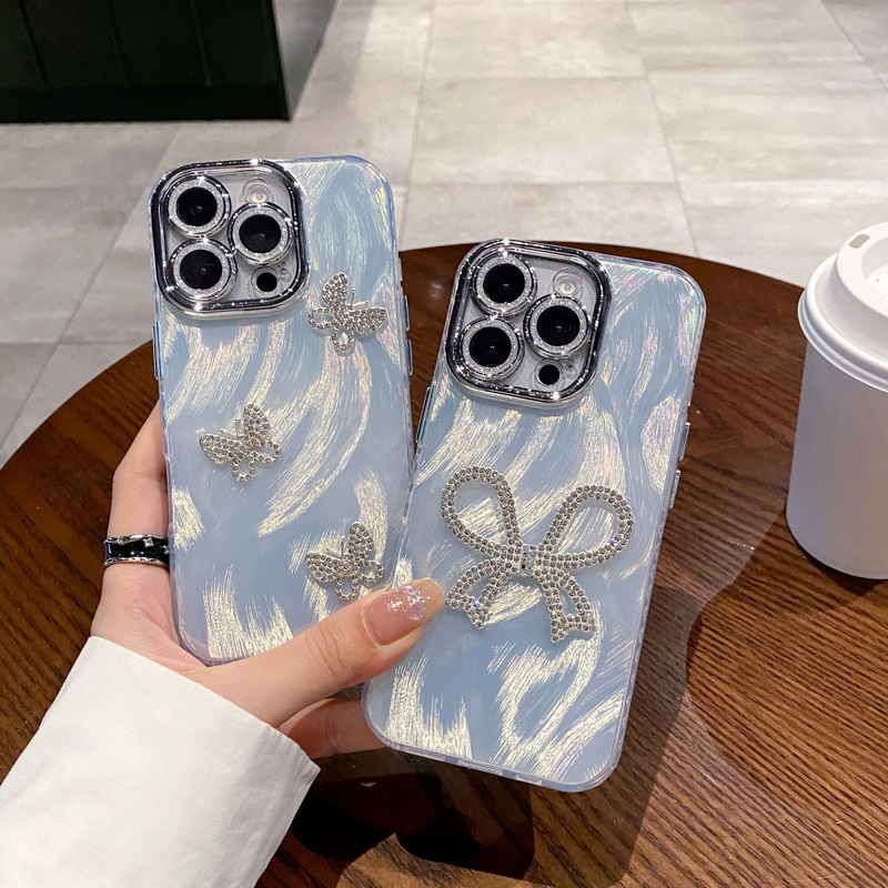 Fine hole feather yarn for OPPOReno 13 creative glitter lens phone case findx7 rhinestone bow A58