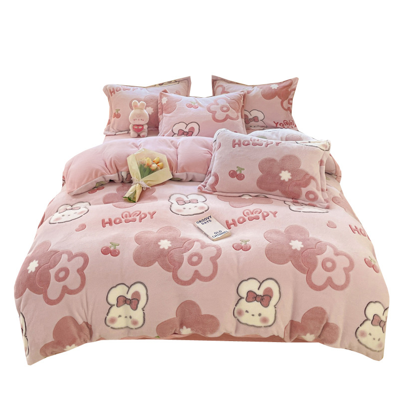Cama de dibujos animados de lana de leche de invierno engrosado de lana de coral sábanas cálidas cubierta de colcha de cama de tres piezas